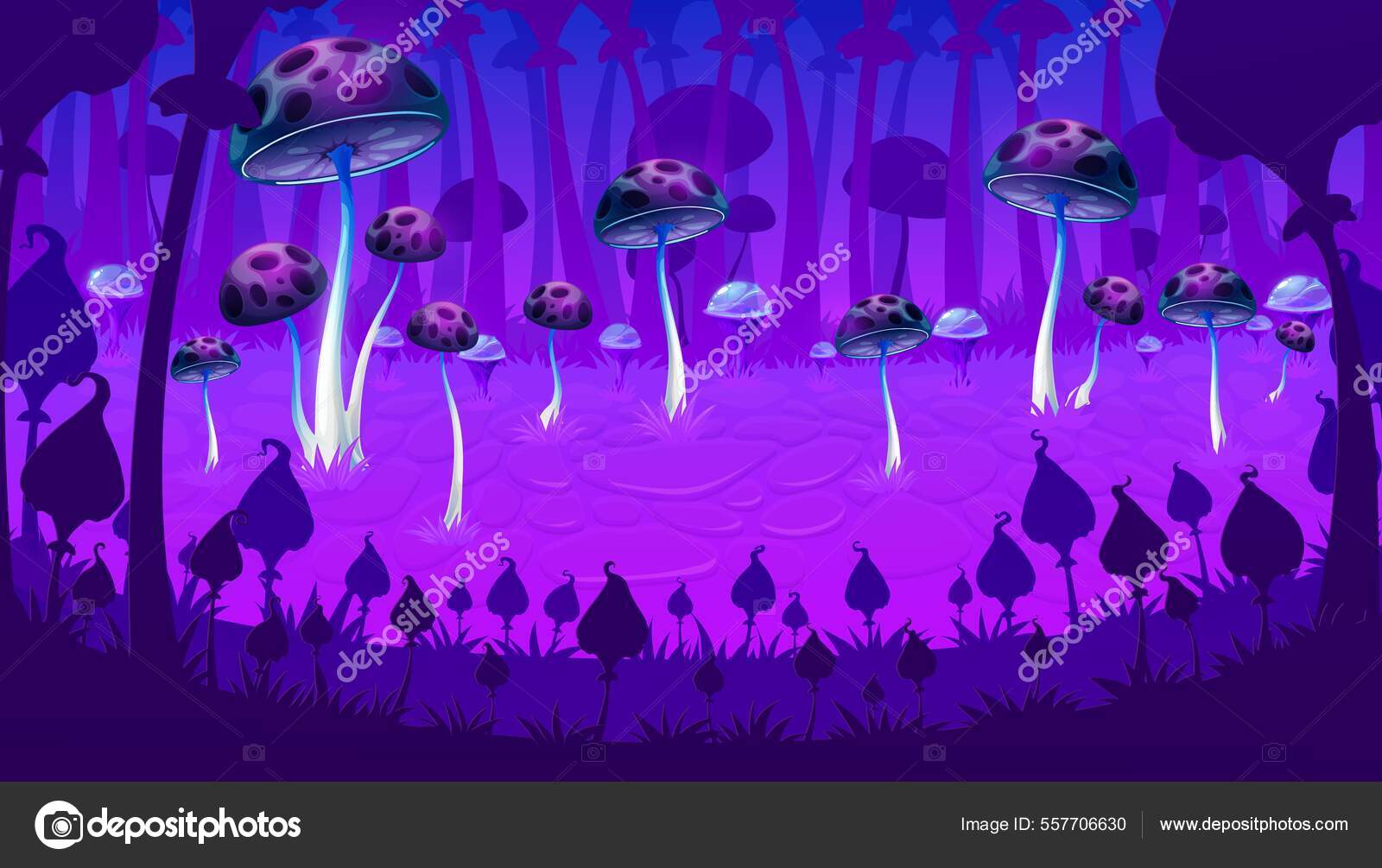 Cogumelos Luminosos Roxos Nível Jogo Paisagem Fantasia Alienígena